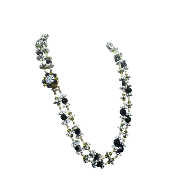 Double Strand Retro Necklace Flower Beads Plastic Glass Green White Black Gold - Picture 1 of 10